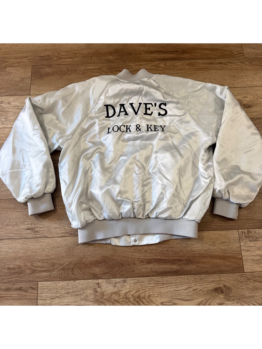 Vtg 80s Hartwell Silver Satin Bomber Jacket XL Dave's Lock & Key USA Made